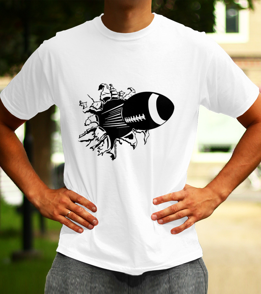 Flying American Football Breaking Through Barrier T-Shirt