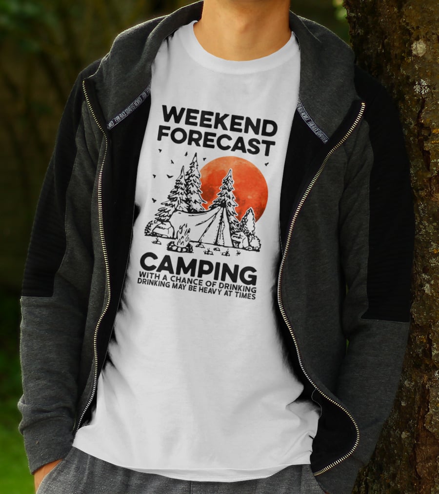 Weekend Forecast Camping With A Chance Of Drinking Drinking May Be Heavy At Times Vibrant Red Moon Forest Nighttime Scene T-Shirt