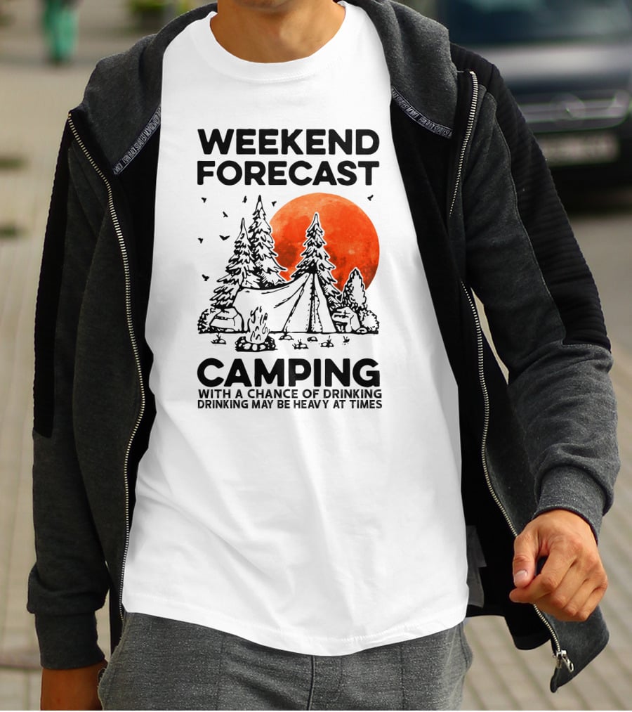 Weekend Forecast Camping With A Chance Of Drinking Drinking May Be Heavy At Times Vibrant Red Moon Forest Nighttime Scene T-Shirt
