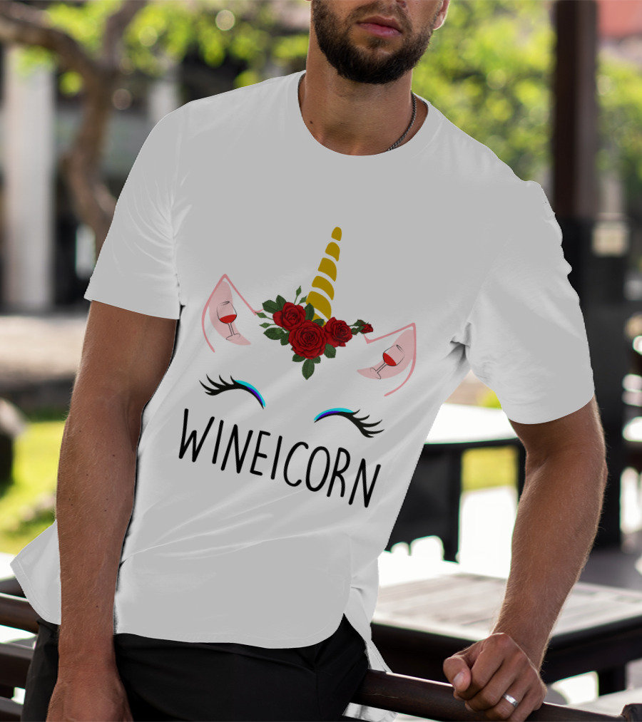 Wineicorn Unicorn With Wine Glass Rose Crown T-Shirt