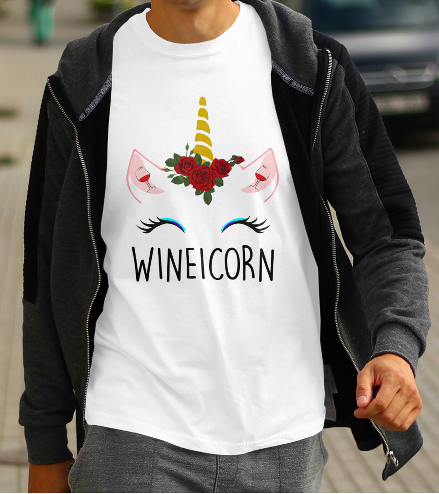Wineicorn Unicorn With Wine Glass Rose Crown T-Shirt