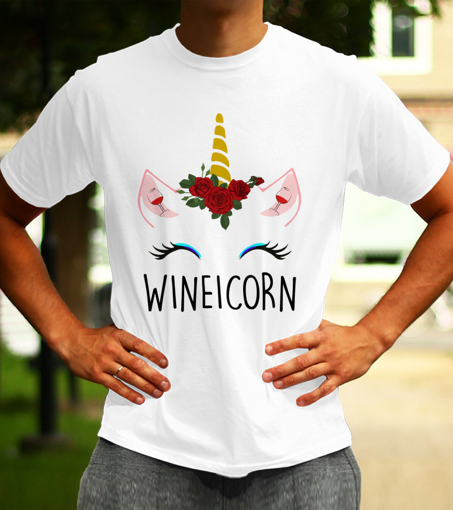 Wineicorn Unicorn With Wine Glass Rose Crown T-Shirt