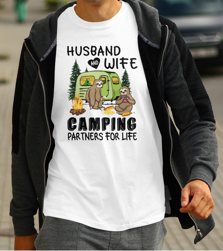 Sloth Lovers Husband And Wife Camping Partners For Life With Campfire Scene T-Shirt