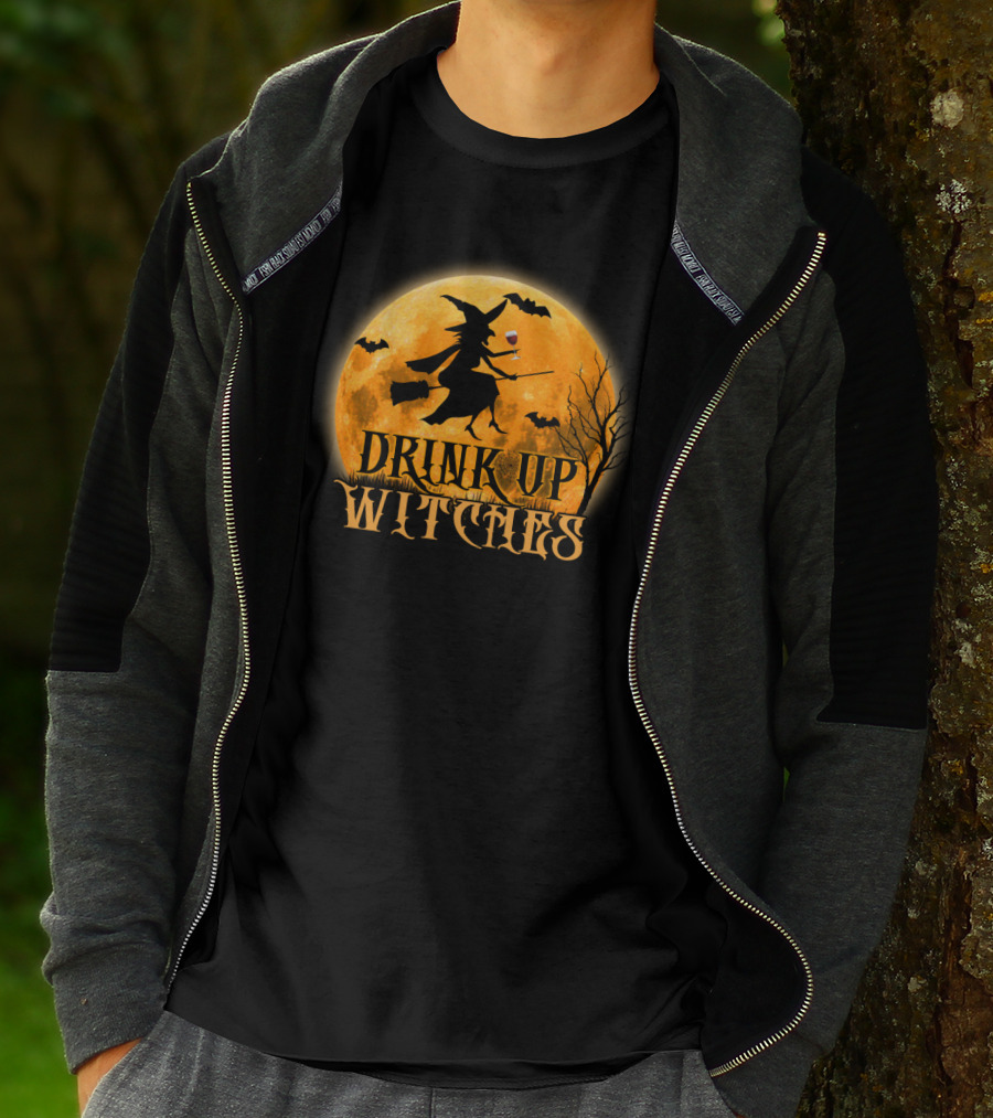 Drink Up Witches Wine Halloween Moon Bats Broomstick T-Shirt