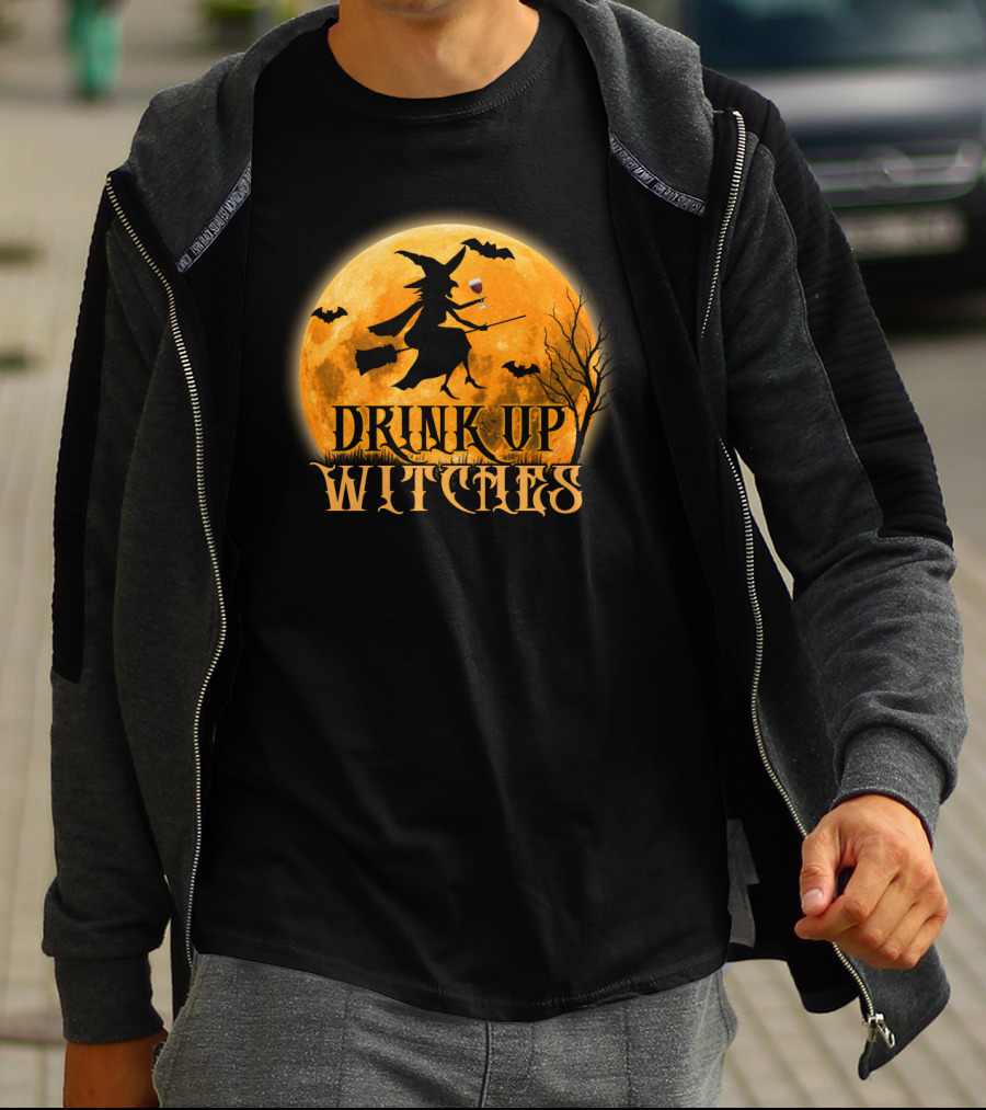 Drink Up Witches Wine Halloween Moon Bats Broomstick T-Shirt