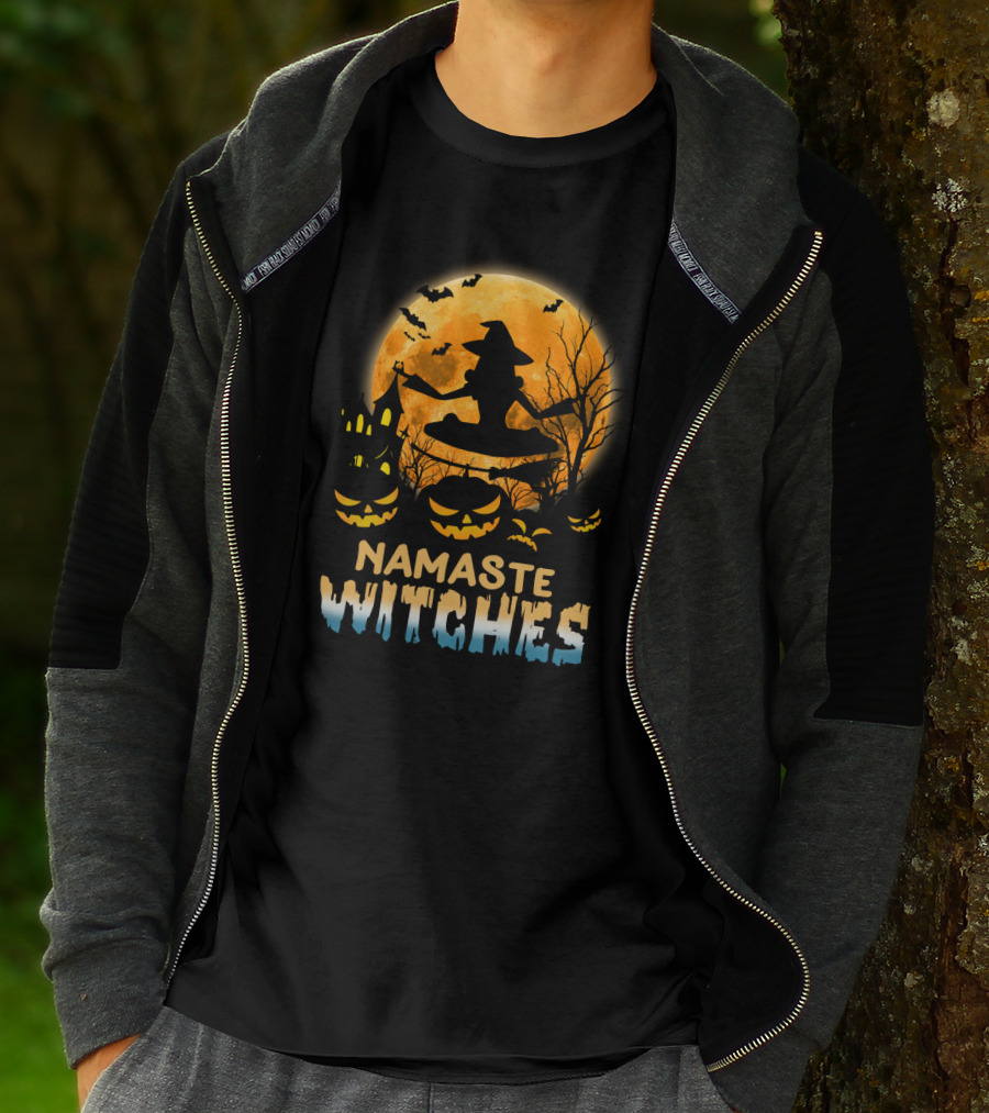 Namaste Witches Yoga Halloween Moon And Pumpkins T-Shirt