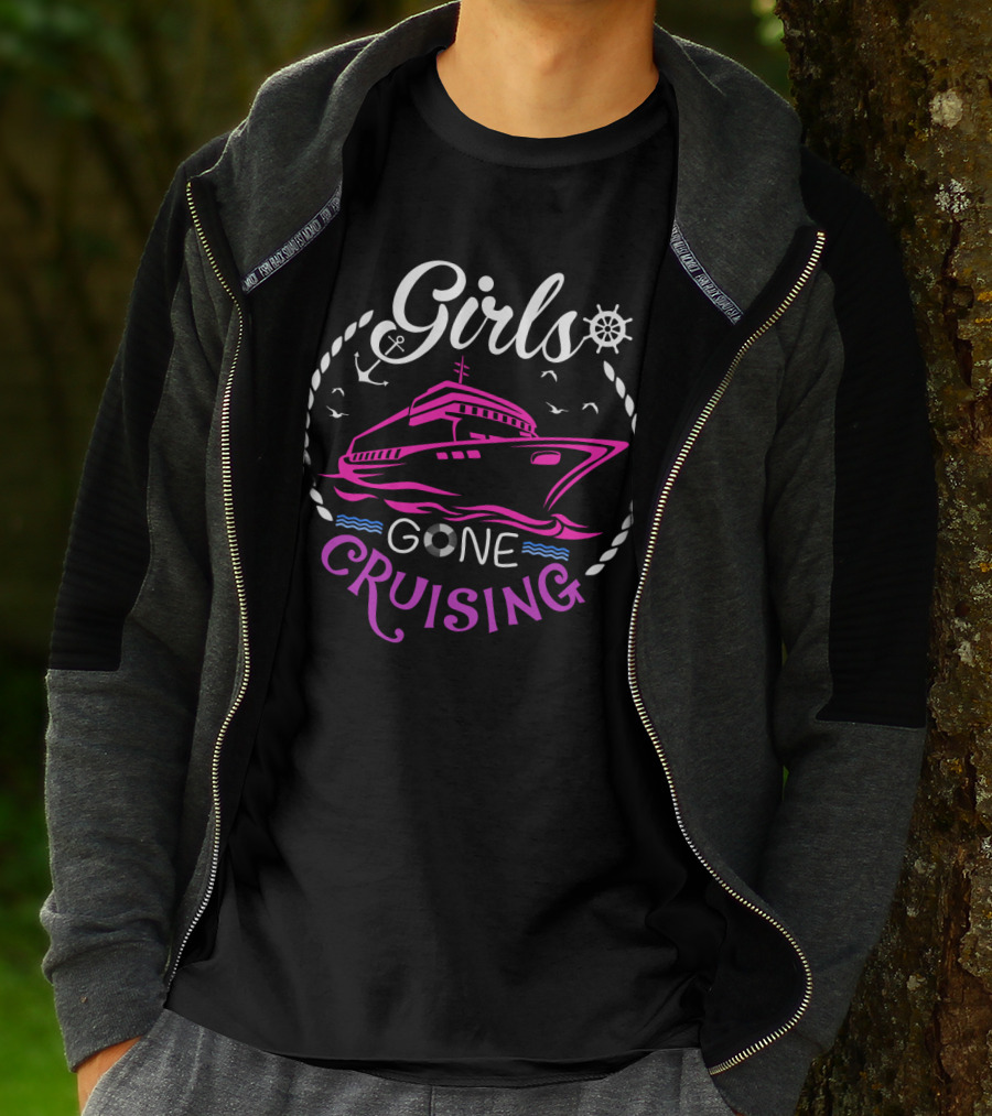 Girls Gone Cruising Ship Anchor Wheel Rope Seagulls Waves T-Shirt