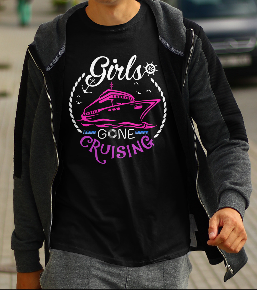 Girls Gone Cruising Ship Anchor Wheel Rope Seagulls Waves T-Shirt