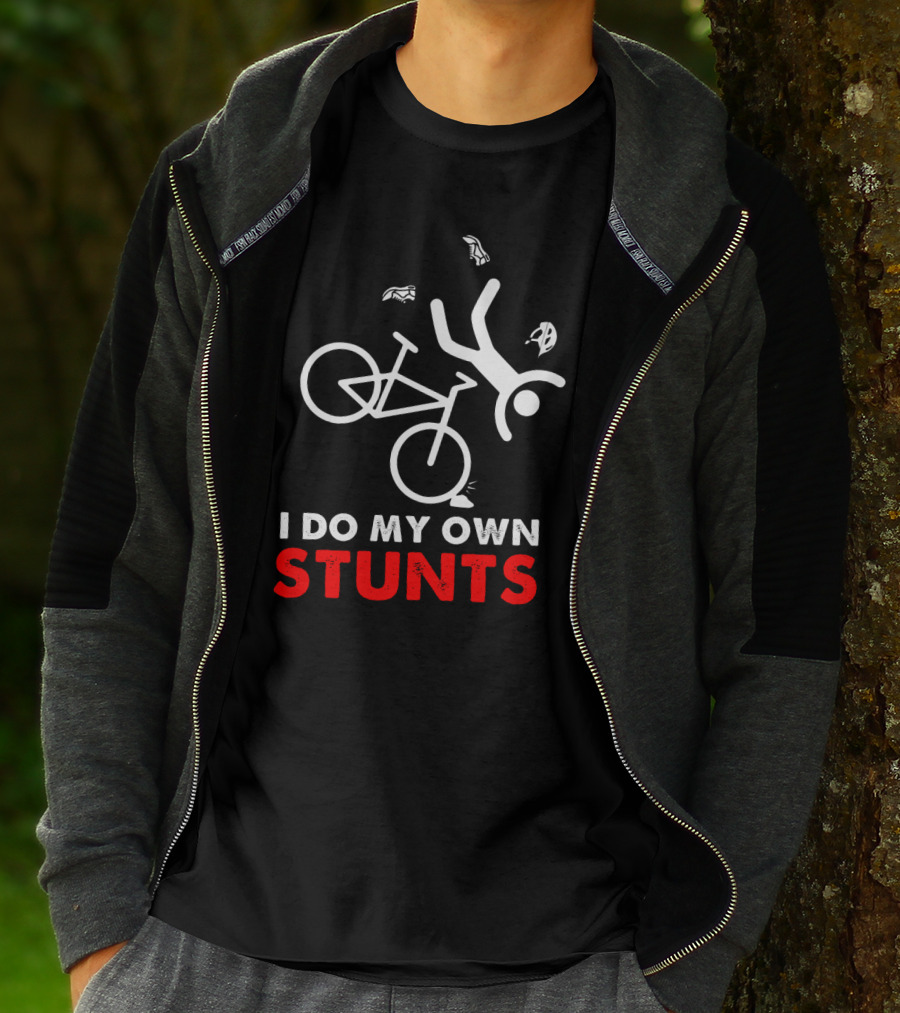 I Do My Own Stunts Cycling Biker Stick Figure Failing Off Bike T-Shirt