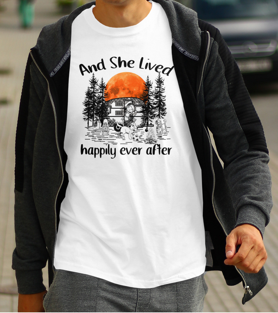 And She Lived Happily Ever After Camping Adventure With Orange Moon And Campfire Scene T-Shirt