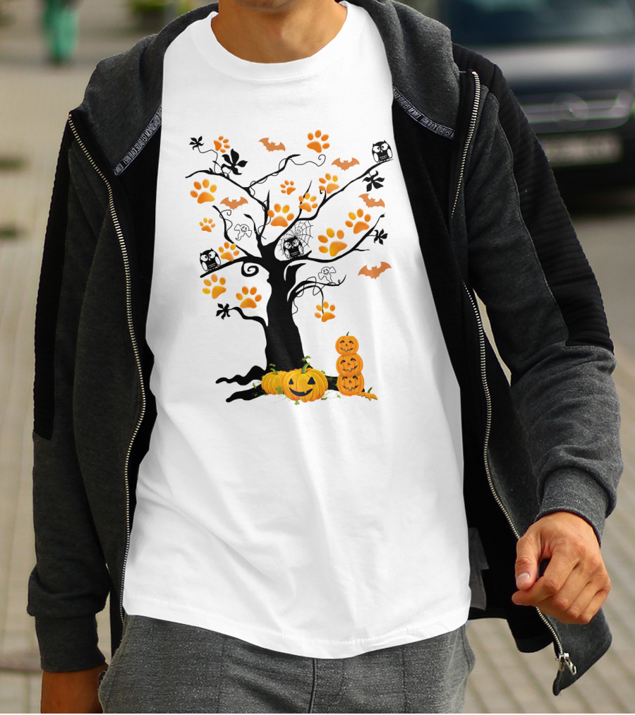 Dog Paw Tree Halloween Pumpkins Bats Owls Ghosts T-Shirt