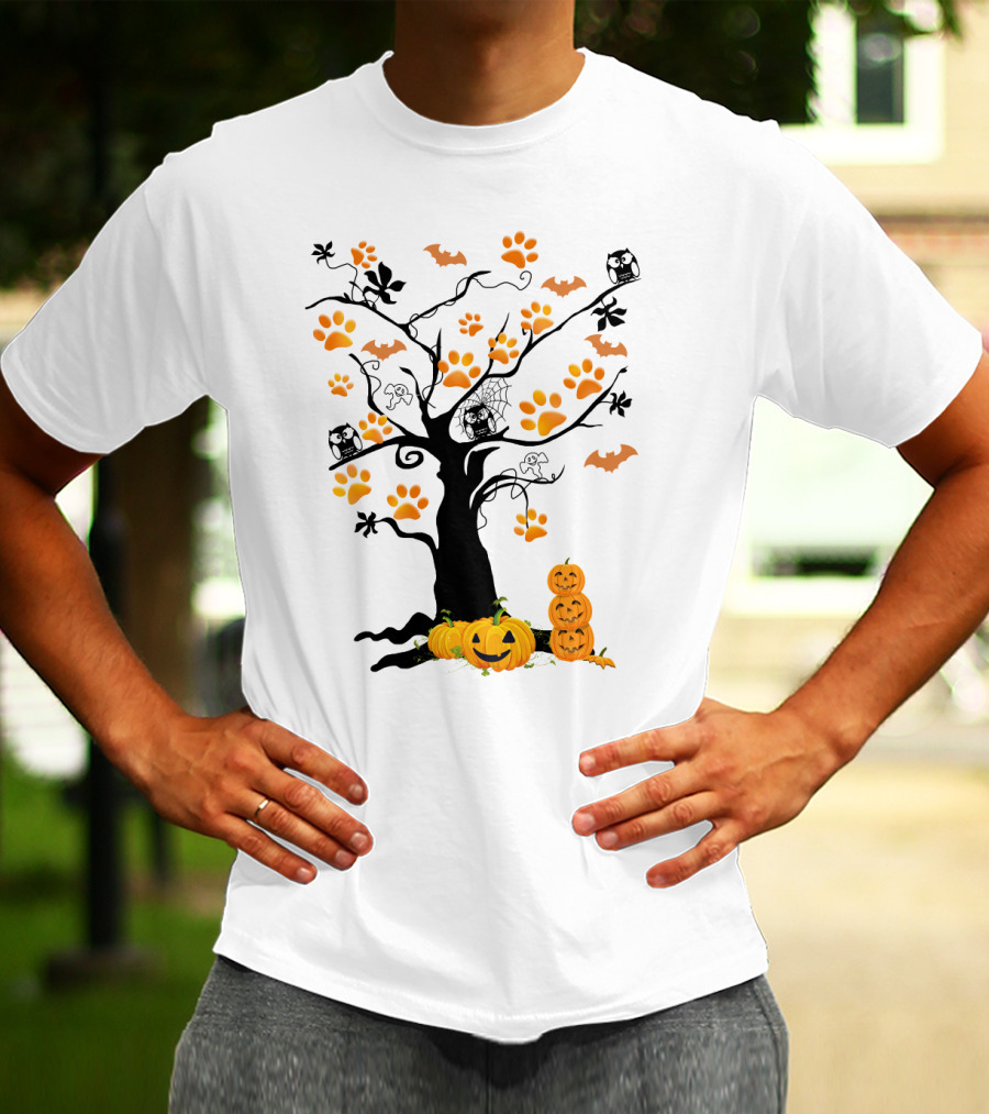 Dog Paw Tree Halloween Pumpkins Bats Owls Ghosts T-Shirt
