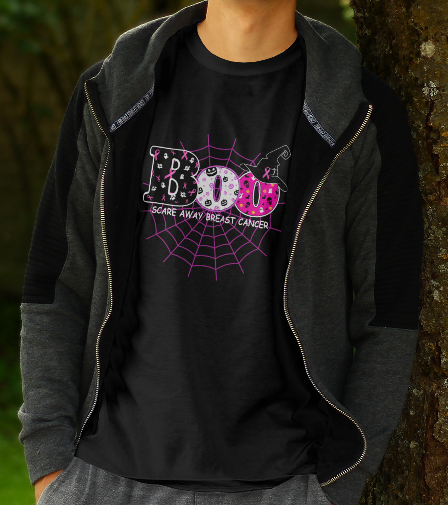 Boo Halloween Witch Hat Pink Ribbon Scare Away Breast Cancer Awareness T-Shirt