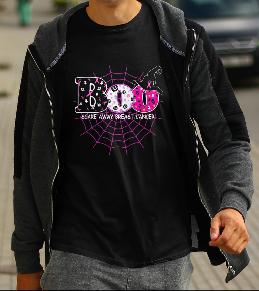 Boo Halloween Witch Hat Pink Ribbon Scare Away Breast Cancer Awareness T-Shirt