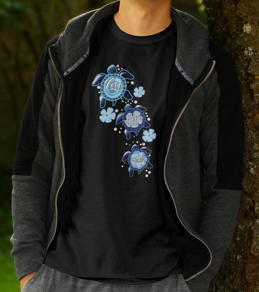 Love Hope Faith Turtle Icons Blue T-Shirt