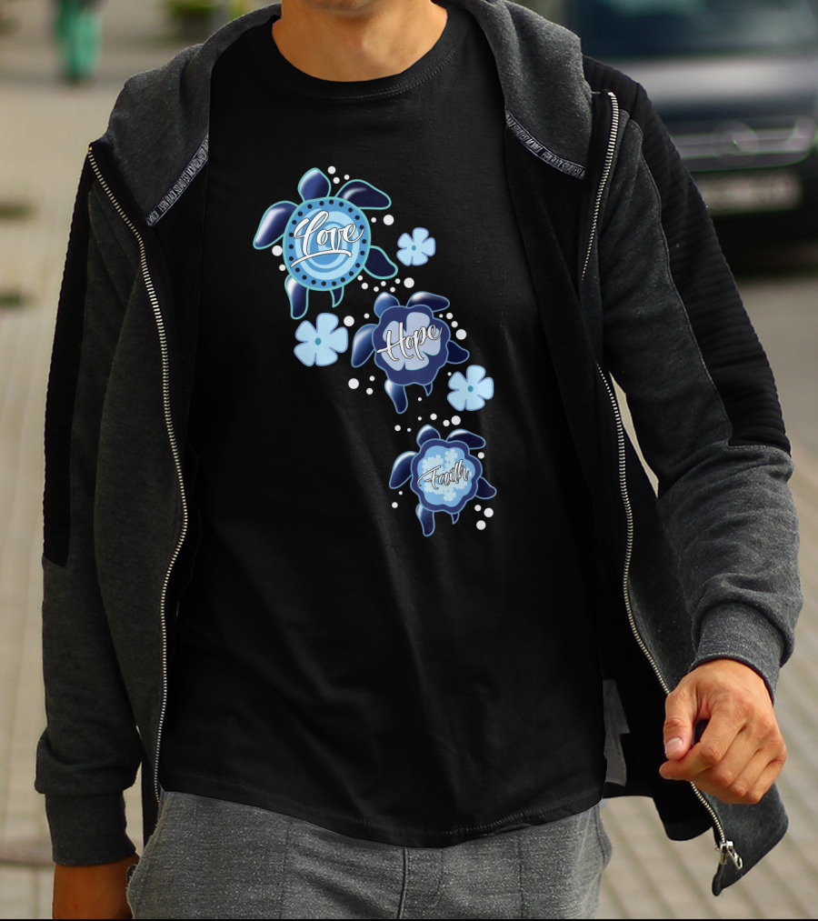 Love Hope Faith Turtle Icons Blue T-Shirt