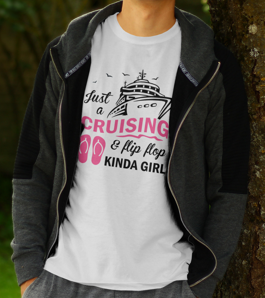 Just A Cruising And Flip Flop Kinda Girl Iconic Cruise Ship Graphic With Pink Flip Flops T-Shirt
