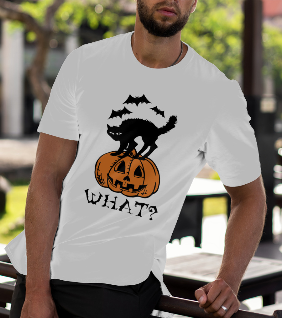 WHAT Black Cat Halloween Pumpkin Bats T-Shirt