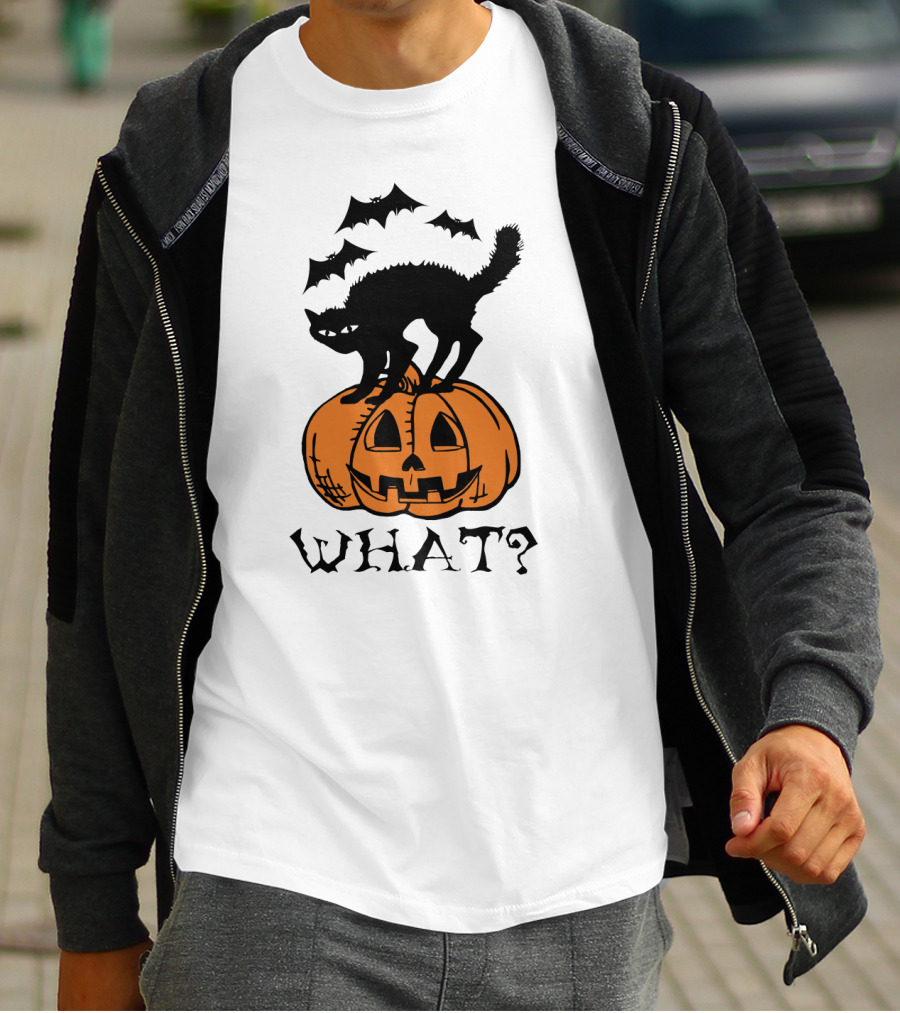 WHAT Black Cat Halloween Pumpkin Bats T-Shirt