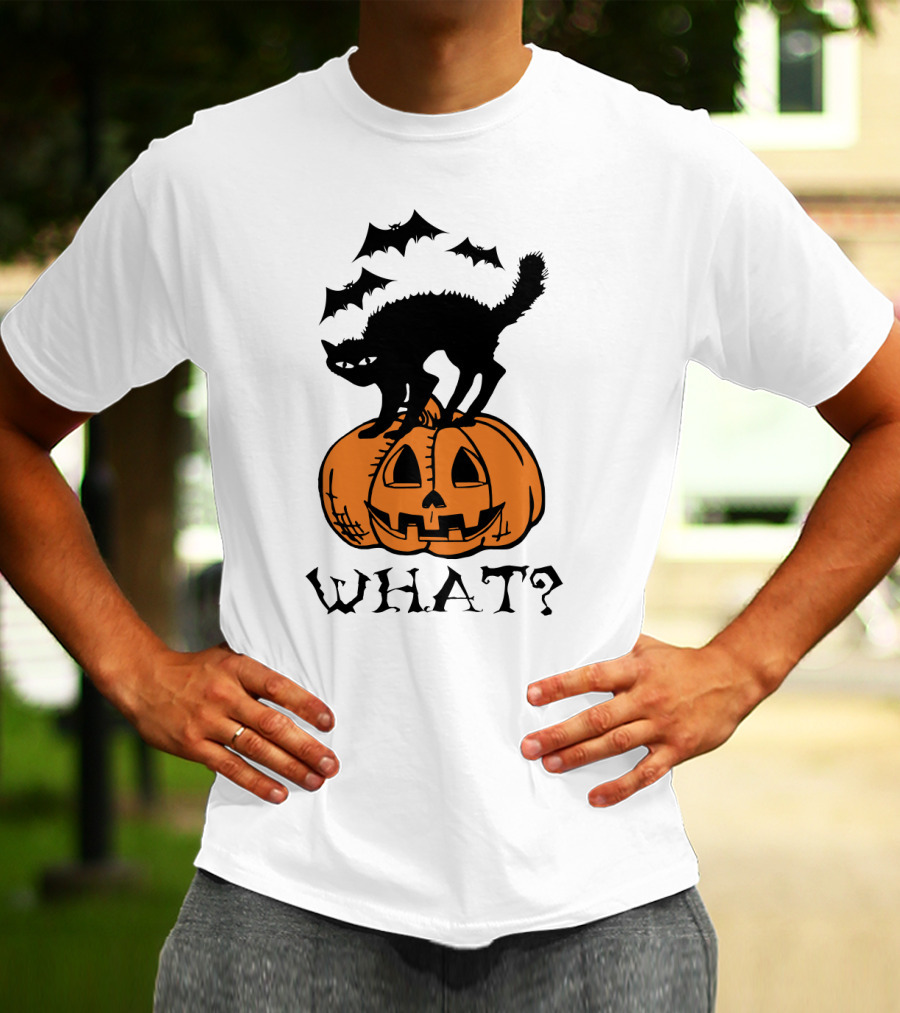 WHAT Black Cat Halloween Pumpkin Bats T-Shirt