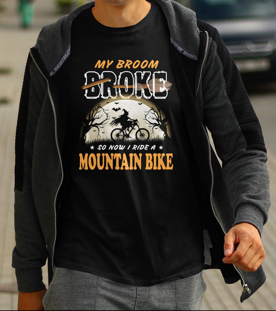 My Broom Broke So Now I Ride A Mountain Bike Halloween Witch Cycling Moon Scene T-Shirt