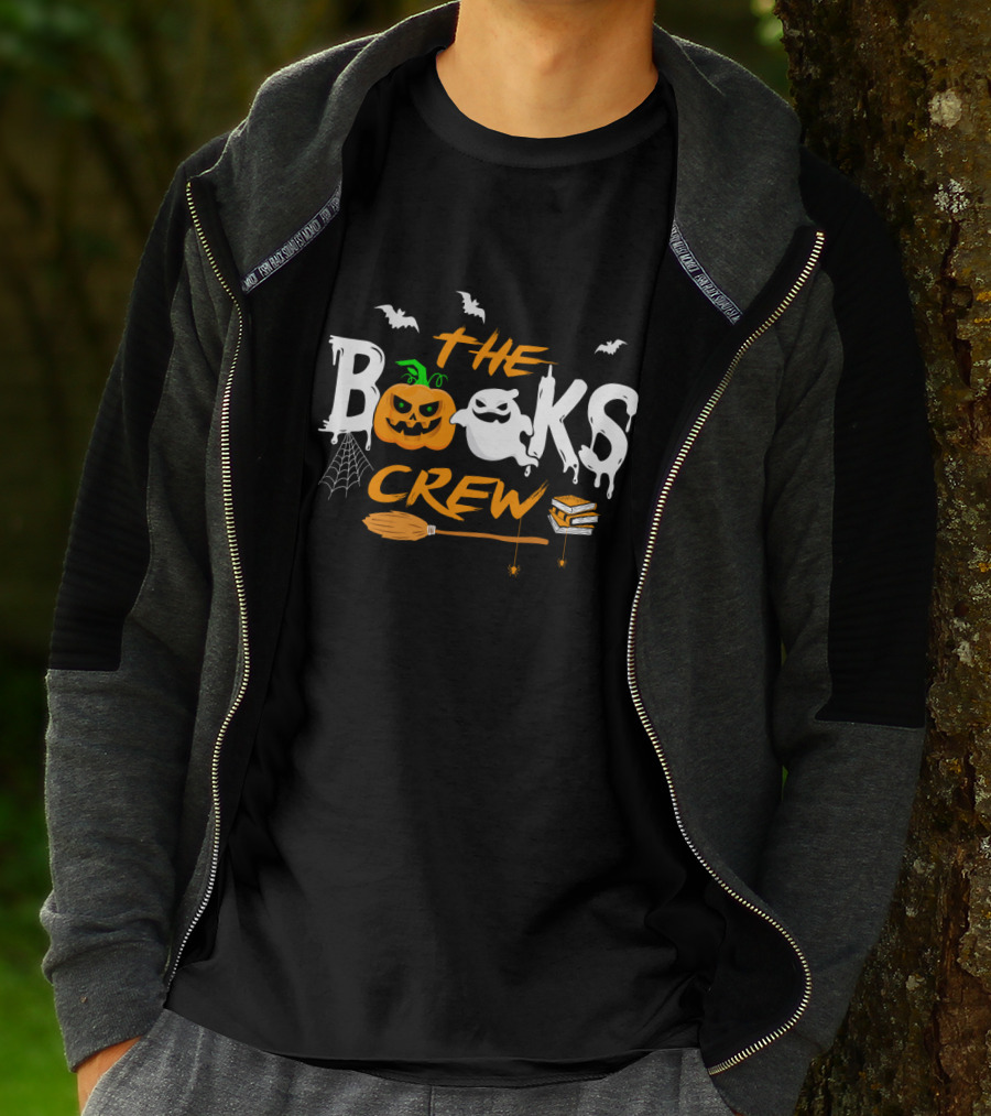 The Books Crew Halloween Ghost Pumpkin Bats Broom Books Spider Web T-Shirt