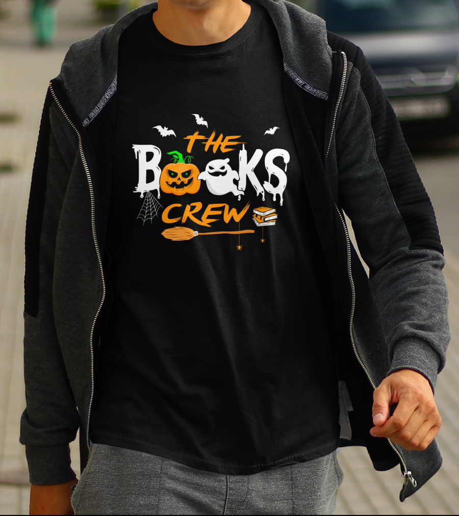 The Books Crew Halloween Ghost Pumpkin Bats Broom Books Spider Web T-Shirt