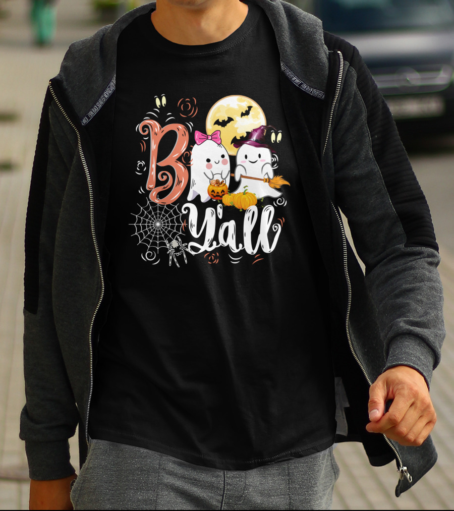 Bo Y'all Cute Ghosts With Pumpkins And Halloween Full Moon T-Shirt