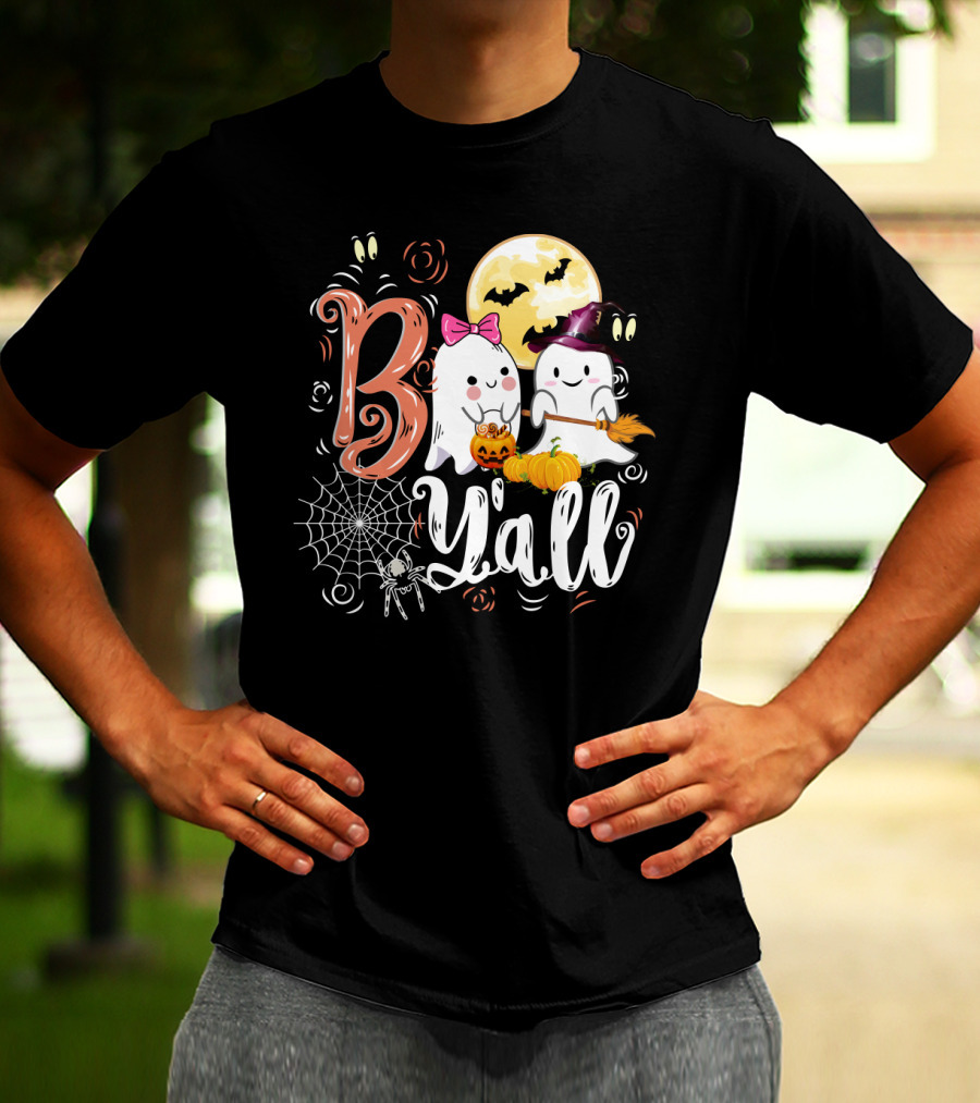 Bo Y'all Cute Ghosts With Pumpkins And Halloween Full Moon T-Shirt