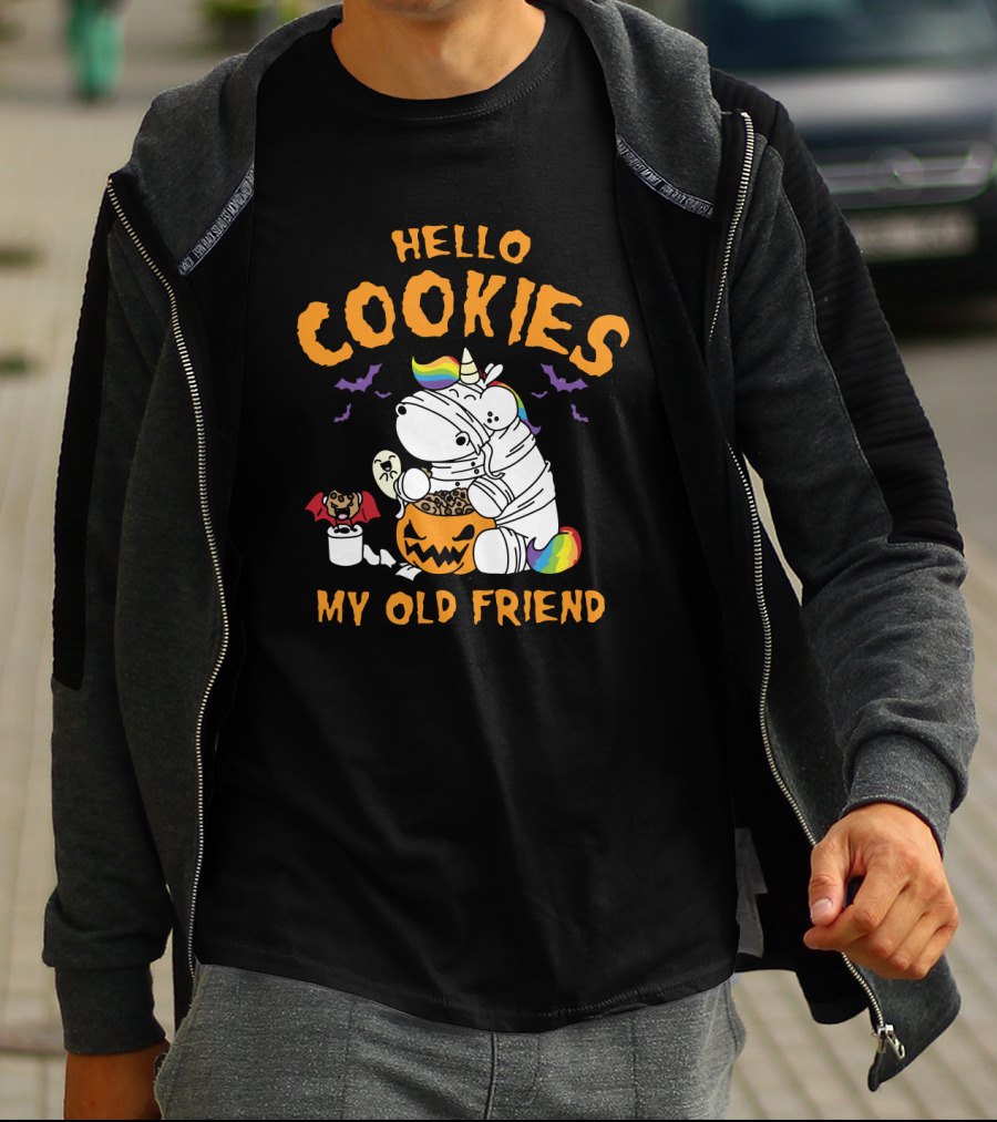 Hello Cookies My Old Friend Unicorn Halloween Rainbow Bats T-Shirt