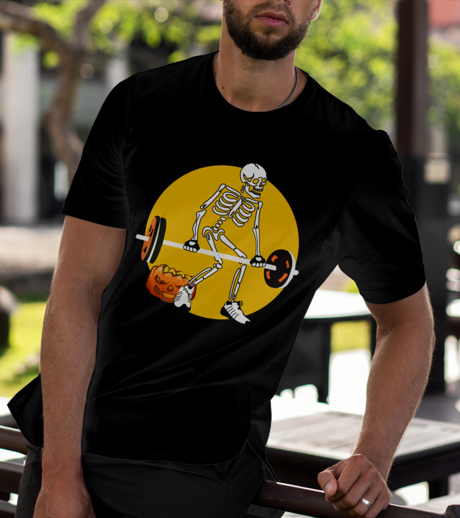 Skeleton Lifting Barbell With Pumpkin Halloween T-Shirt