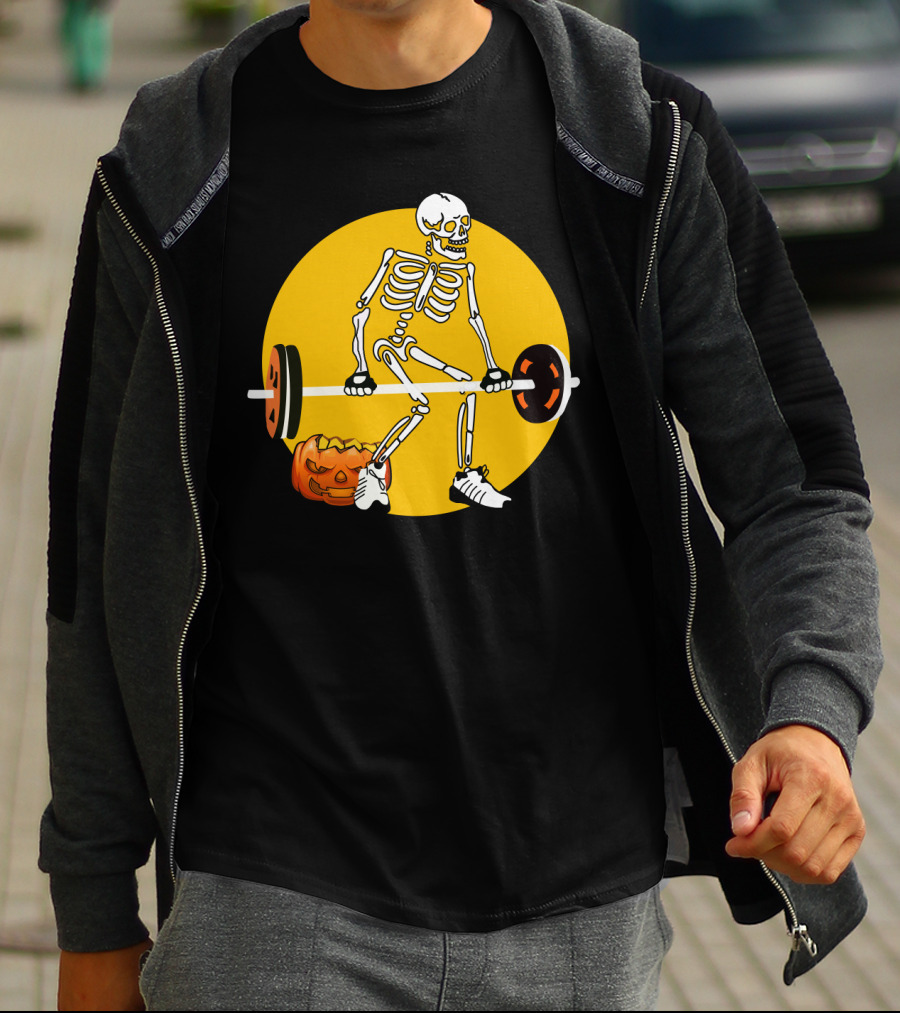 Skeleton Lifting Barbell With Pumpkin Halloween T-Shirt