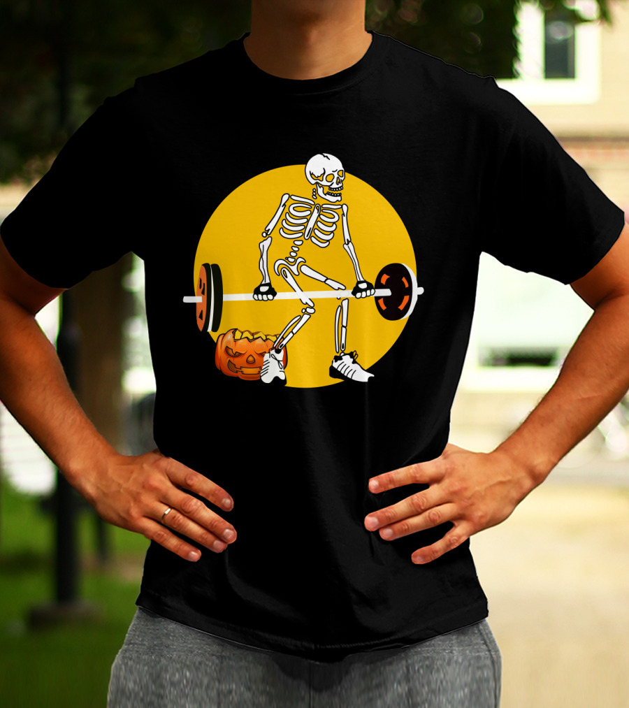Skeleton Lifting Barbell With Pumpkin Halloween T-Shirt