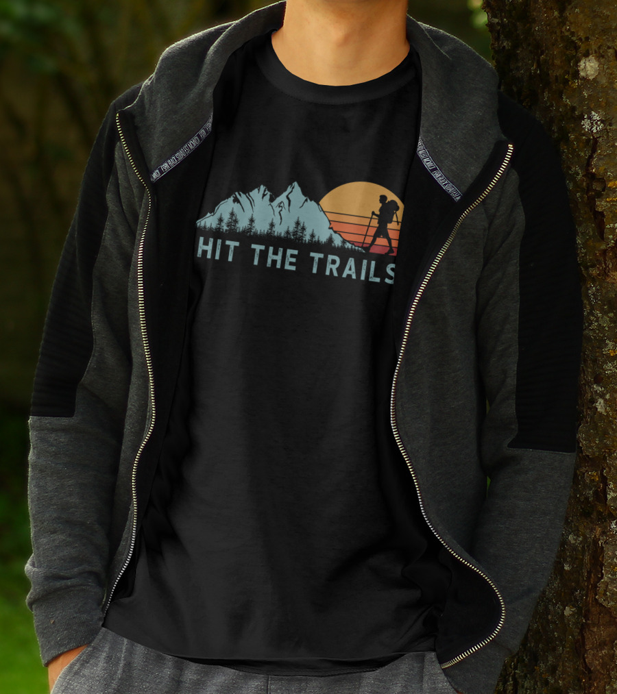 Hit The Trails Mountains Hiking Silhouette Sunset T-Shirt