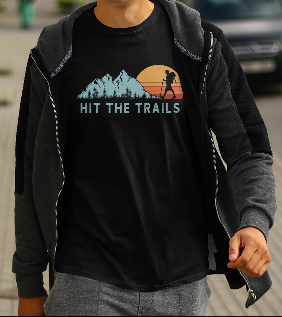 Hit The Trails Mountains Hiking Silhouette Sunset T-Shirt