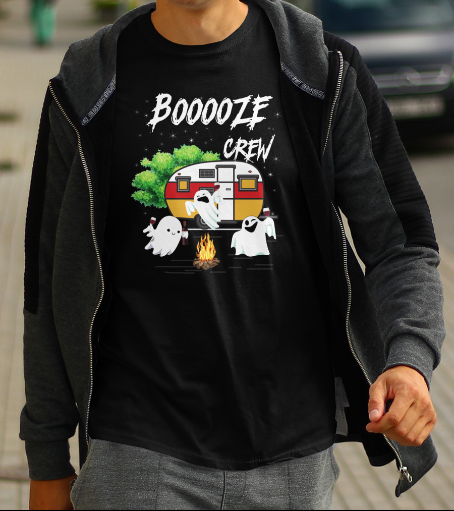 Booooze Crew Ghost Camping With Campfire Caravan And Wine Glasses T-Shirt