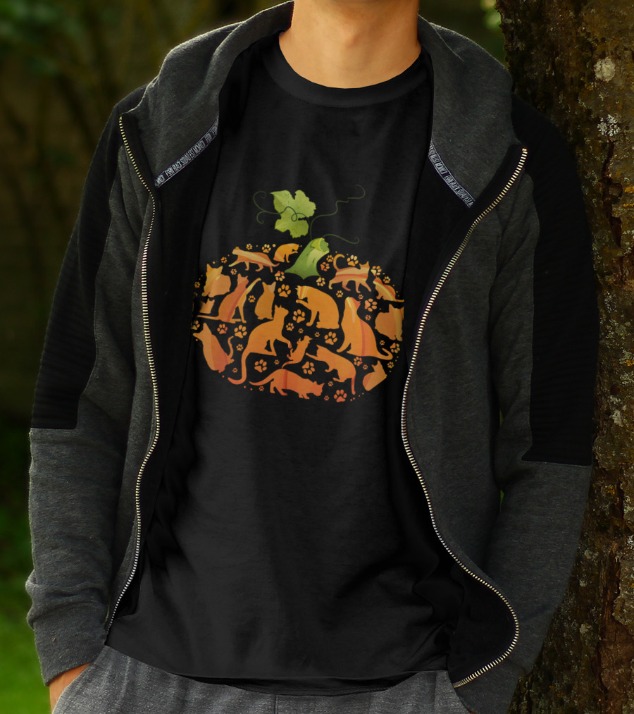 Cat Pumpkin Silhouette With Paws In Pumpkin Shape T-Shirt