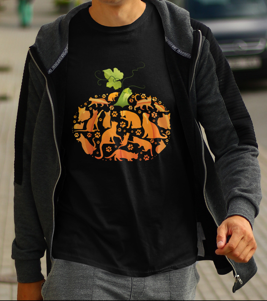 Cat Pumpkin Silhouette With Paws In Pumpkin Shape T-Shirt