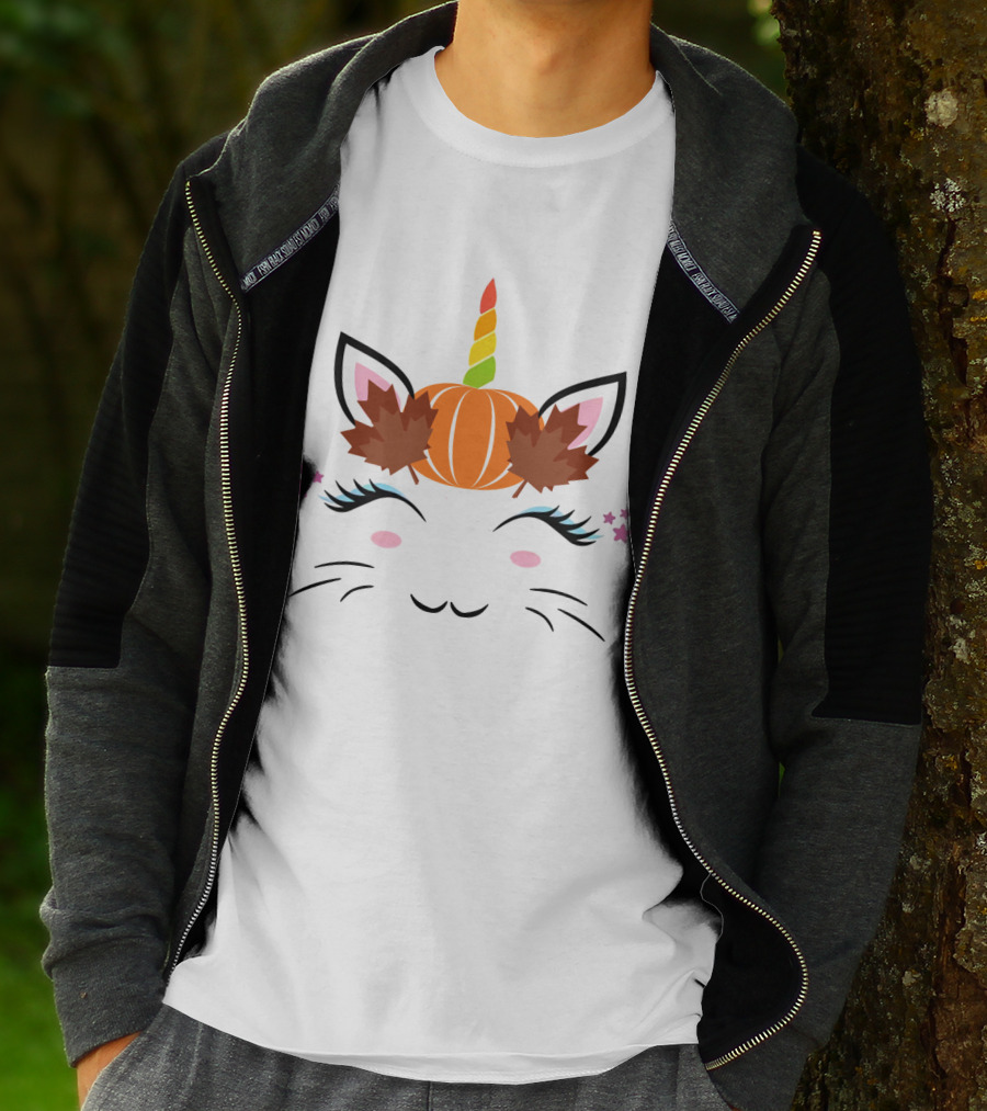 Caticorn Pumpkin Halloween Cat Unicorn Lover Fall Leaves T-Shirt