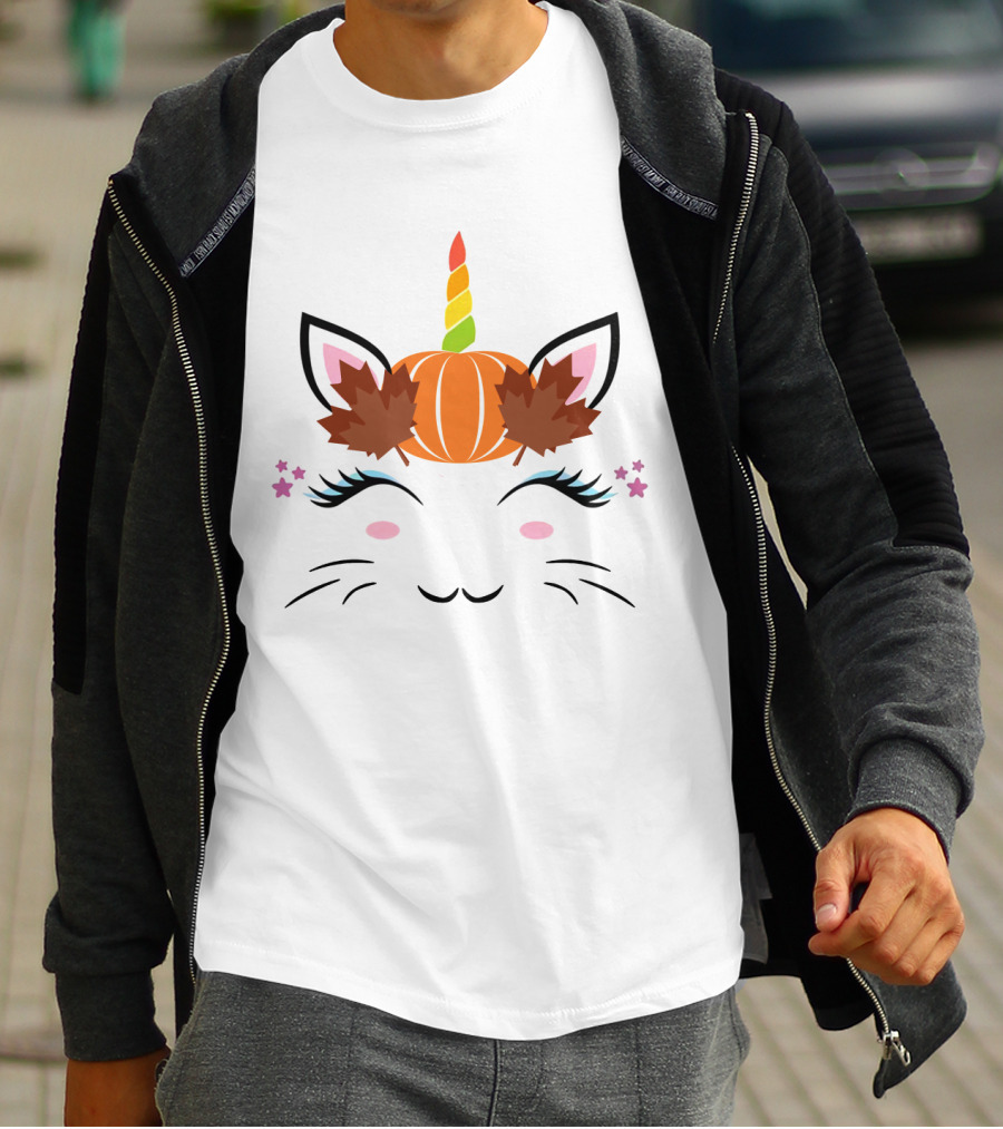 Caticorn Pumpkin Halloween Cat Unicorn Lover Fall Leaves T-Shirt