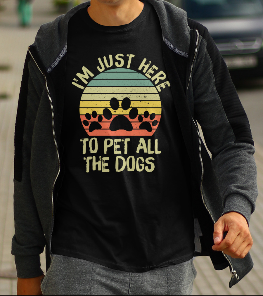 I'm Just Here To Pet All The Dogs Retro Paw Print Stripes T-Shirt
