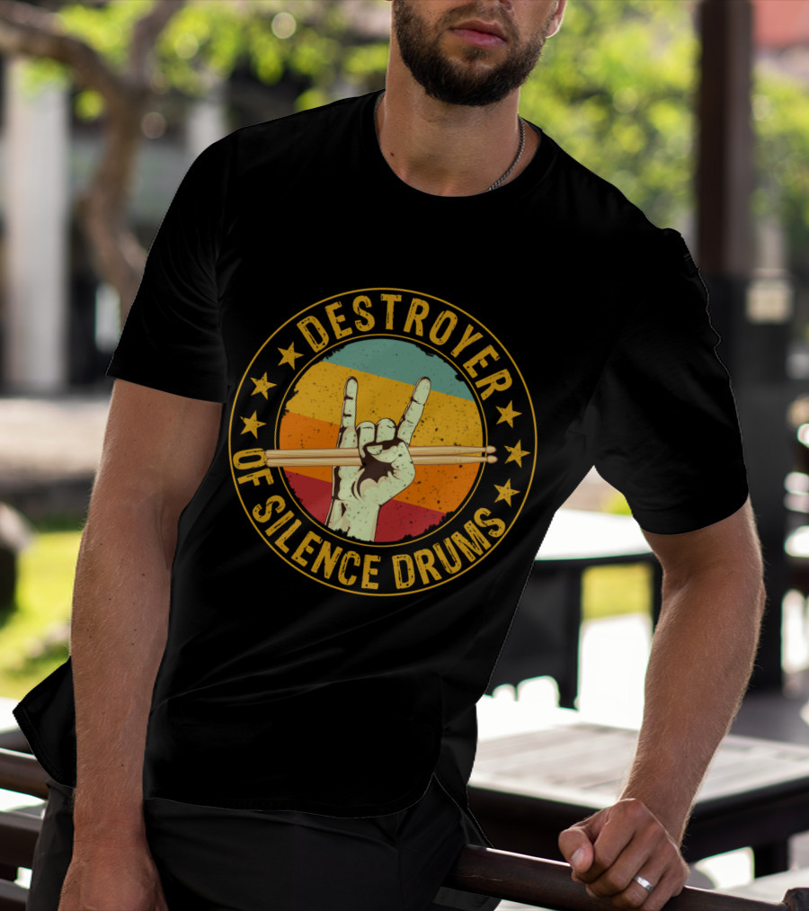 Destroyer Of Silence Drums Rock Hand Gesture Stars Retro Stripes T-Shirt