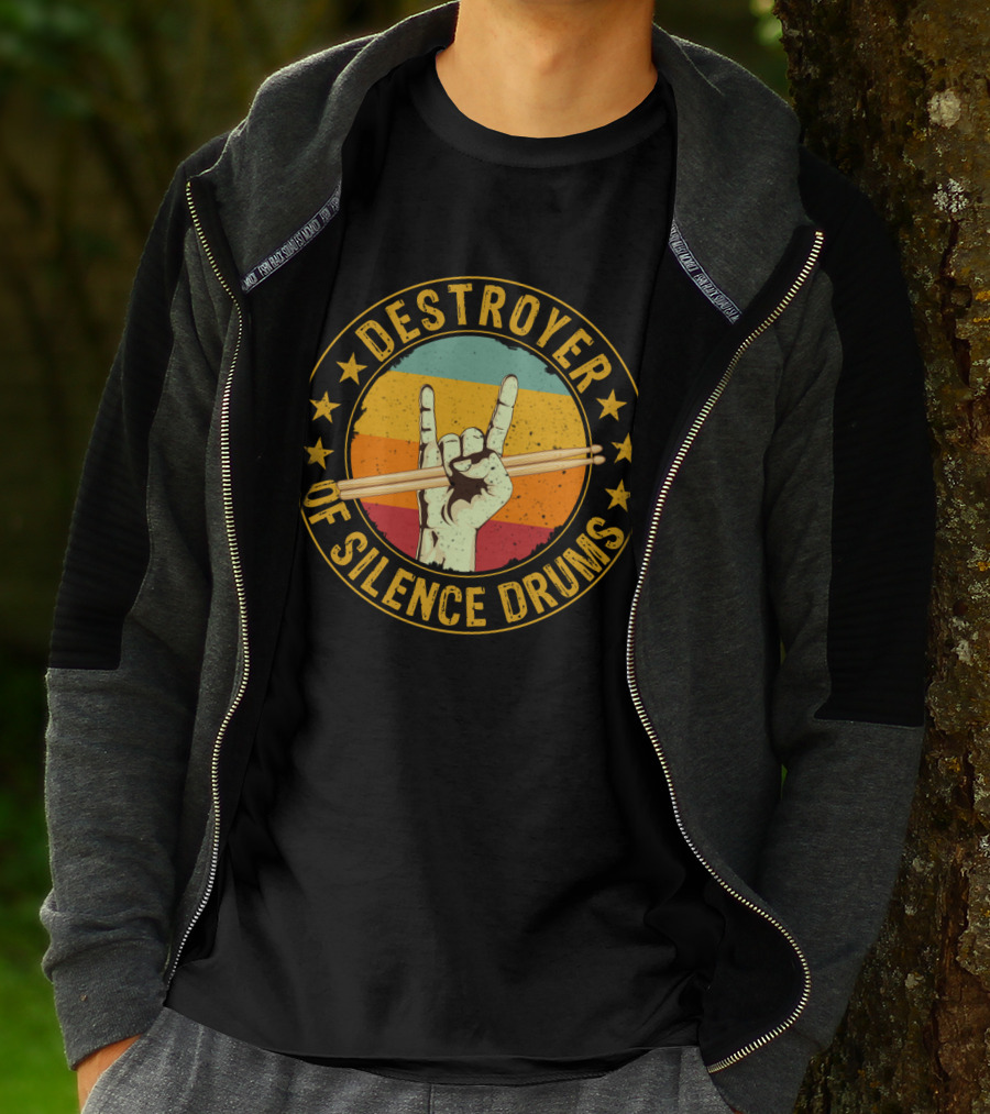 Destroyer Of Silence Drums Rock Hand Gesture Stars Retro Stripes T-Shirt