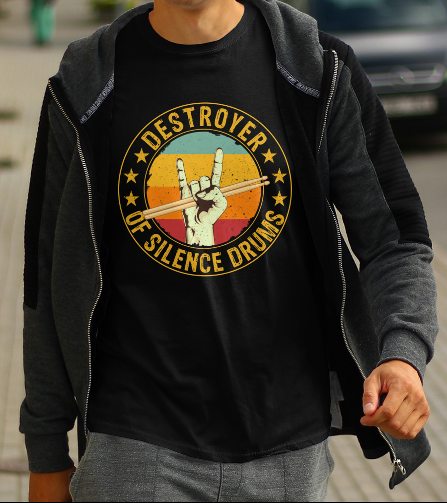 Destroyer Of Silence Drums Rock Hand Gesture Stars Retro Stripes T-Shirt