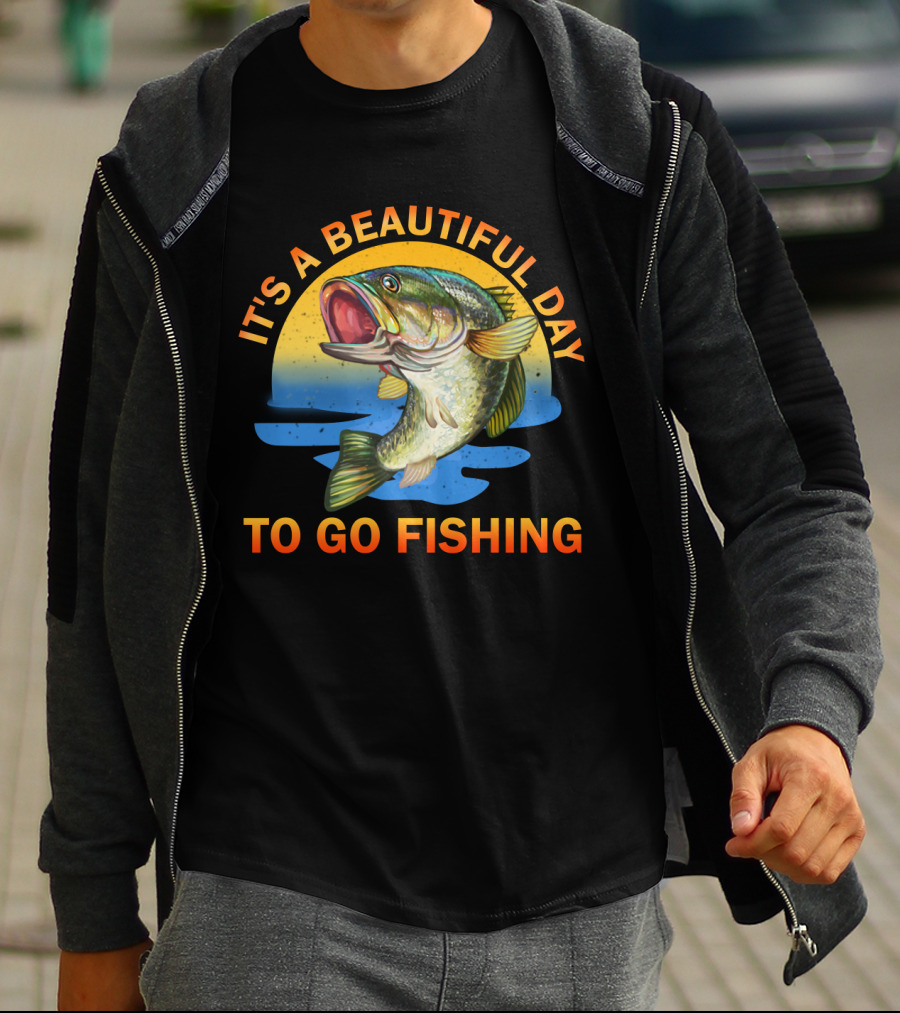 IT'S A BEAUTIFUL DAY TO GO FISHING Fish Jumping Sunset Scene T-Shirt