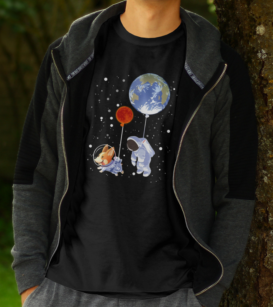 Corgi Astronaut And Human Floating With Earth And Mars Balloons In Space T-Shirt