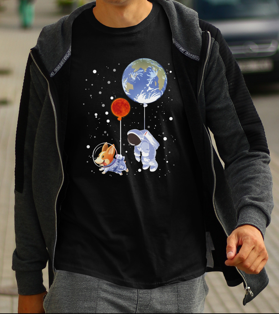 Corgi Astronaut And Human Floating With Earth And Mars Balloons In Space T-Shirt