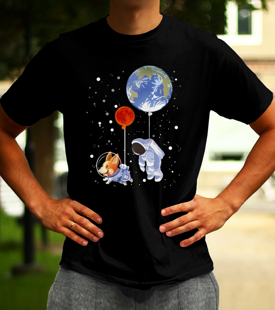 Corgi Astronaut And Human Floating With Earth And Mars Balloons In Space T-Shirt
