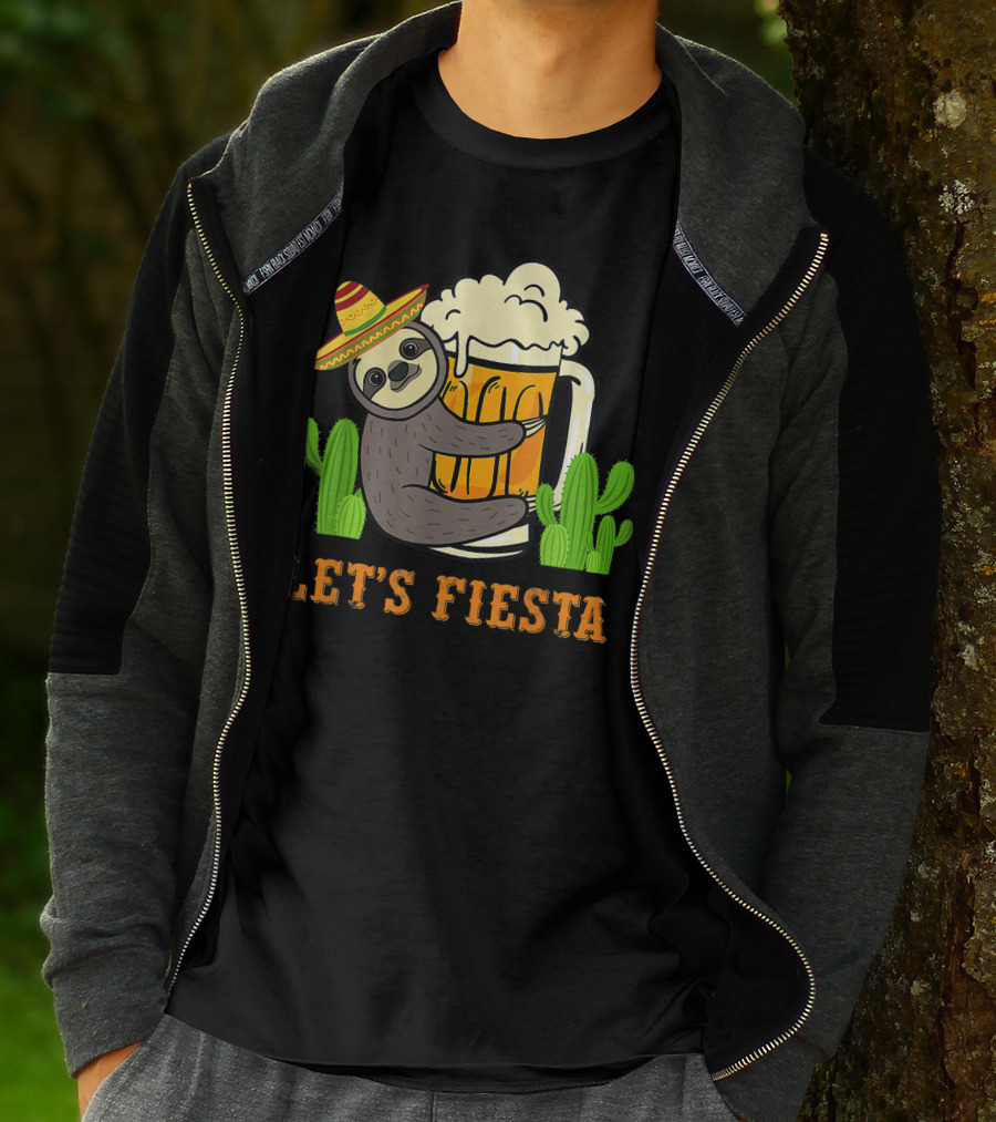 Let's Fiesta Sloth With Beer And Mexican Cactus Celebrating Cinco De Mayo T-Shirt