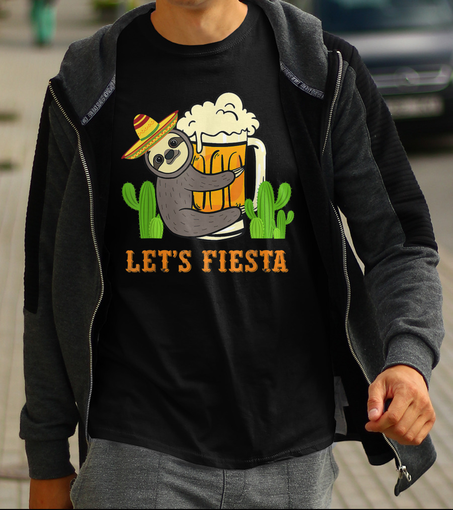 Let's Fiesta Sloth With Beer And Mexican Cactus Celebrating Cinco De Mayo T-Shirt